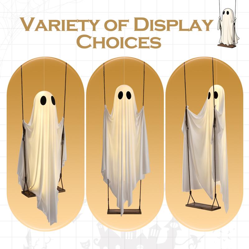 5 FT Large Hanging Swing Ghost Halloween Decor with String Lights 