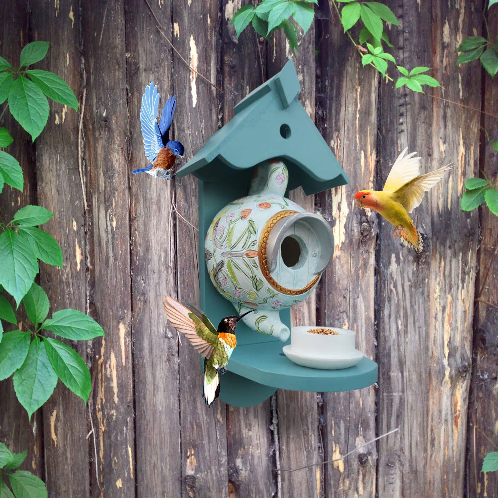 Charming Resin Bird Feeder with Blue Roof & Floral Design【Buy 2 Free Shipping】