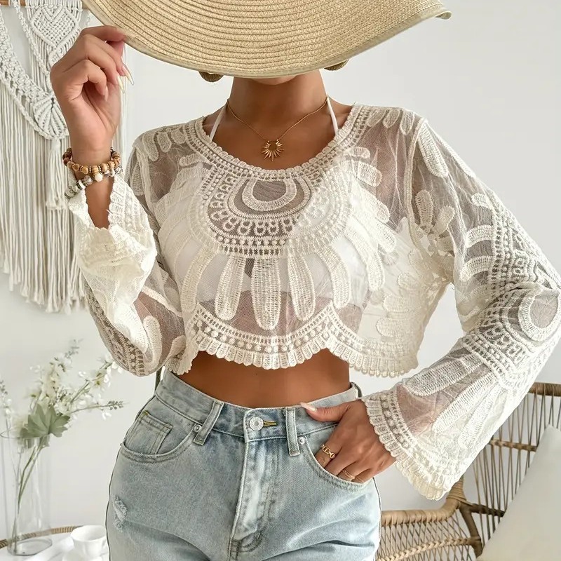  Boho Crochet Lace Sheer Long Sleeve Crop Top - Elevate Your Summer Style
