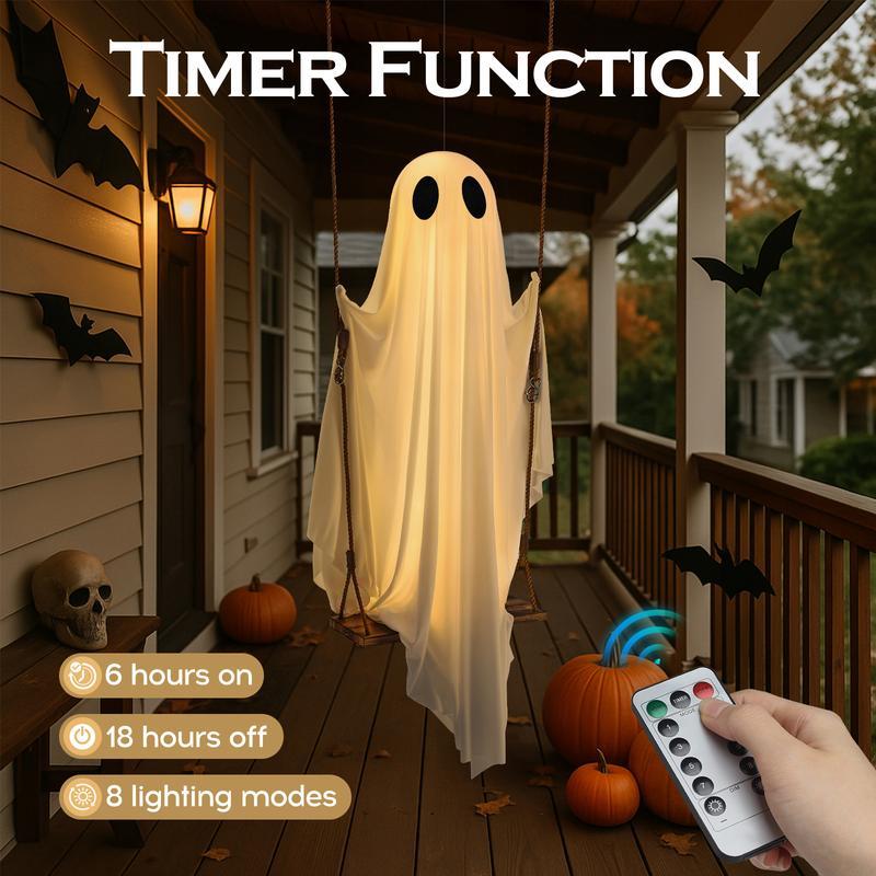 5 FT Large Hanging Swing Ghost Halloween Decor with String Lights 