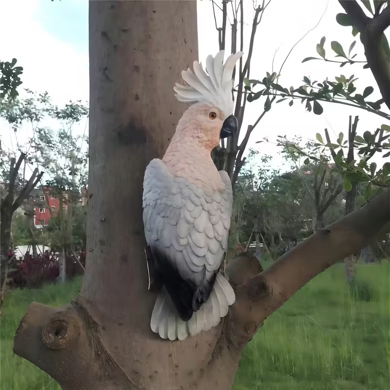 Lifelike White & Pink Resin Parrot Sculpture