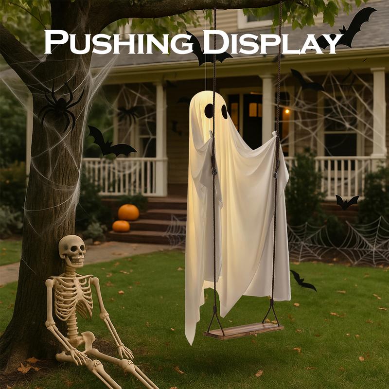 5 FT Large Hanging Swing Ghost Halloween Decor with String Lights 