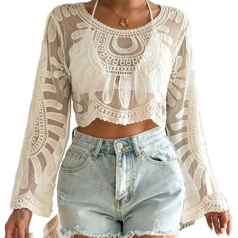  Boho Crochet Lace Sheer Long Sleeve Crop Top - Elevate Your Summer Style