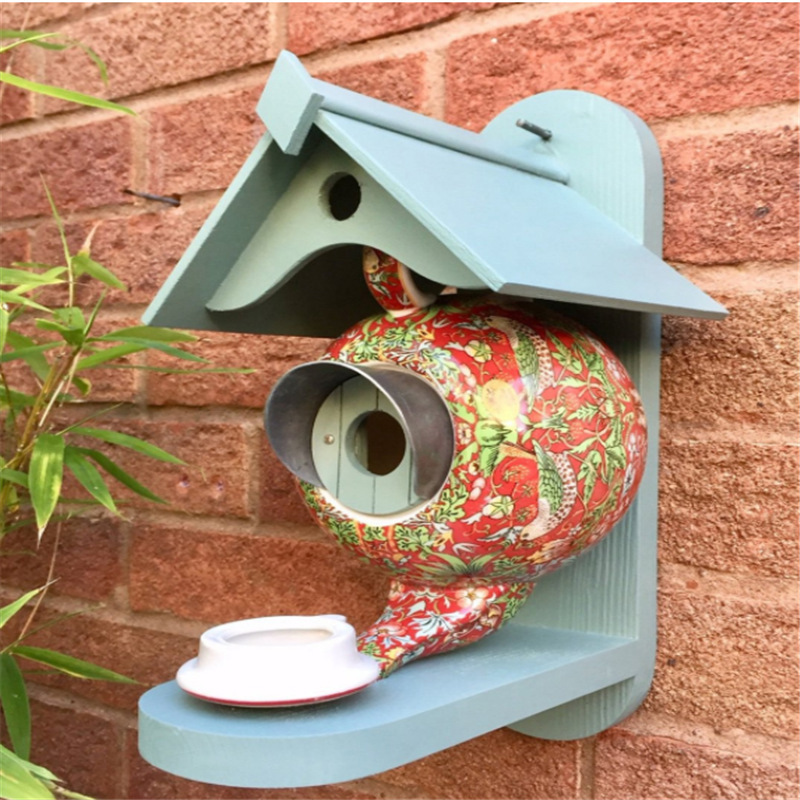 Charming Resin Bird Feeder with Blue Roof & Floral Design