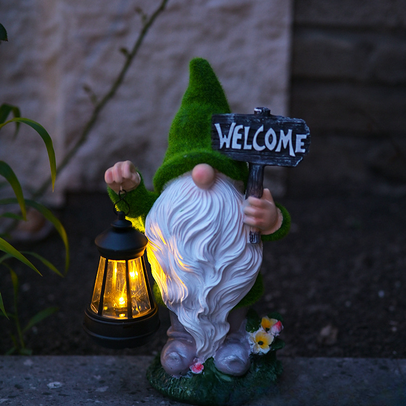 Large Flocked Resin Garden Dwarf Holding a Welcome Sign Statue