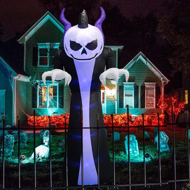 12FT Giant Halloween Inflatable Blow Up Decorations Grim Reaper with Jack-o'-Lantern Pumpkin Head and 3-Color LED Flame