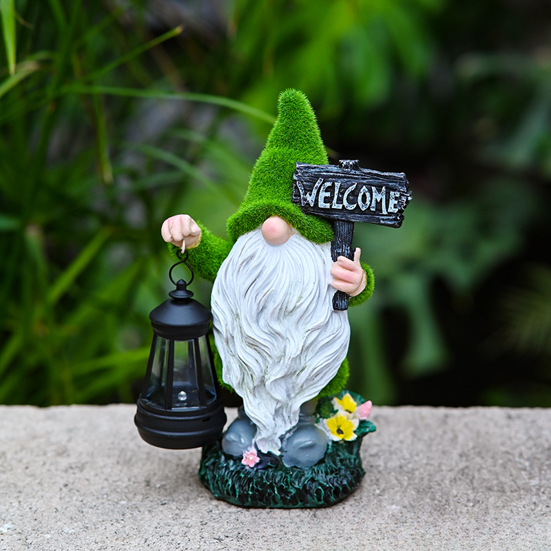 Large Flocked Resin Garden Dwarf Holding a Welcome Sign Statue