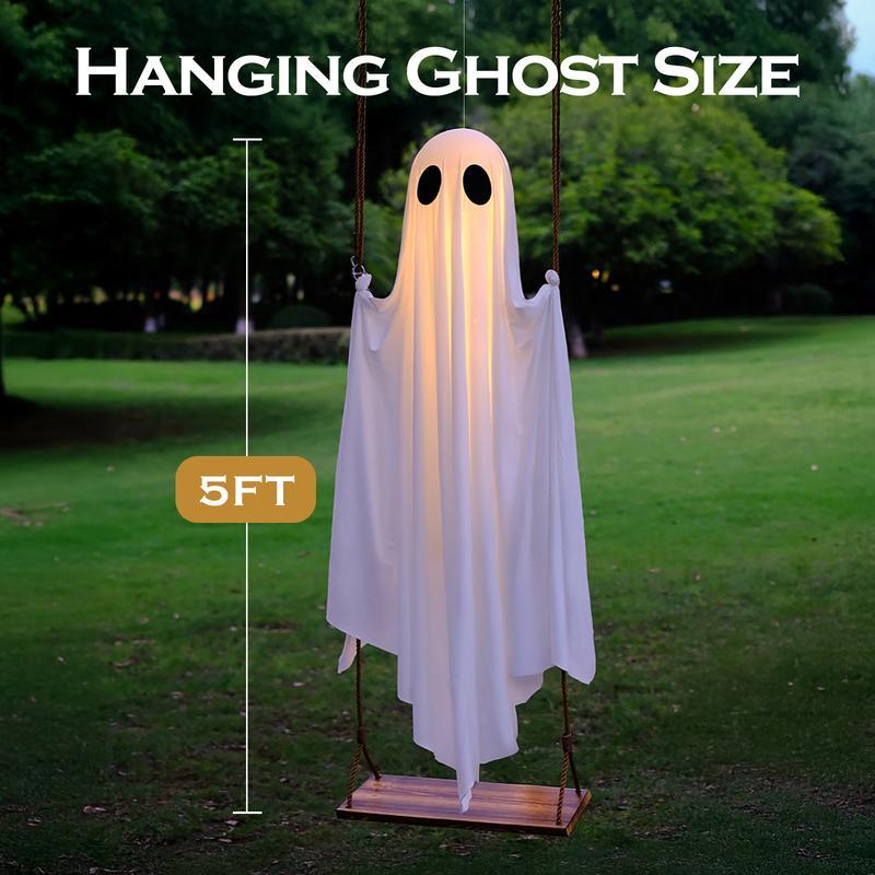 5 FT Large Hanging Swing Ghost Halloween Decor with String Lights 