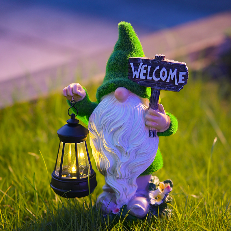 Large Flocked Resin Garden Dwarf Holding a Welcome Sign Statue
