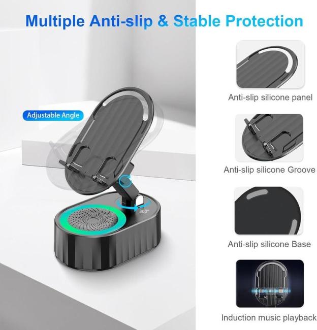 Bluetooth Speaker with Wireless Charging & Phone Stand – 5-in-1 RGB Lights, Hi-Fi Sound