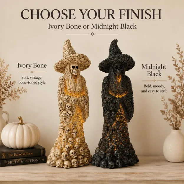 💀 Skeleton Witch LED Ornament, Warm Glow Halloween Skull Statue Table Decor