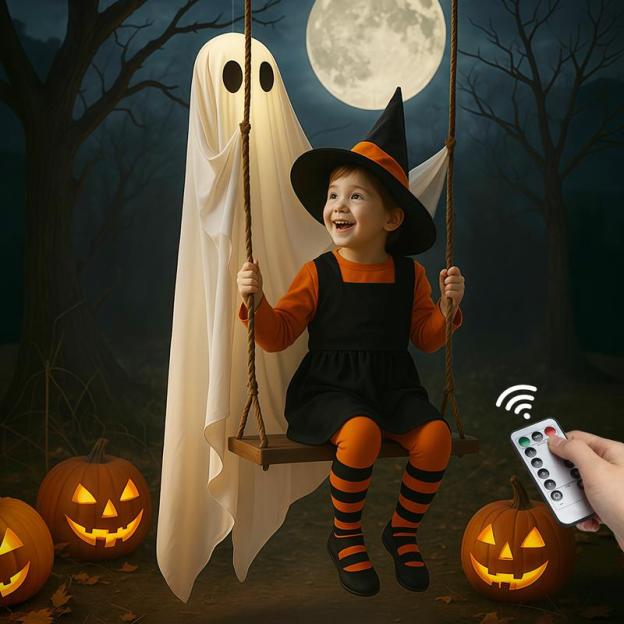 5 FT Large Hanging Swing Ghost Halloween Decor with String Lights 