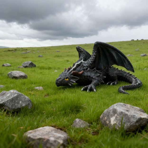 Dragon Statue - Black Fantasy Garden Decor with Glowing eyes