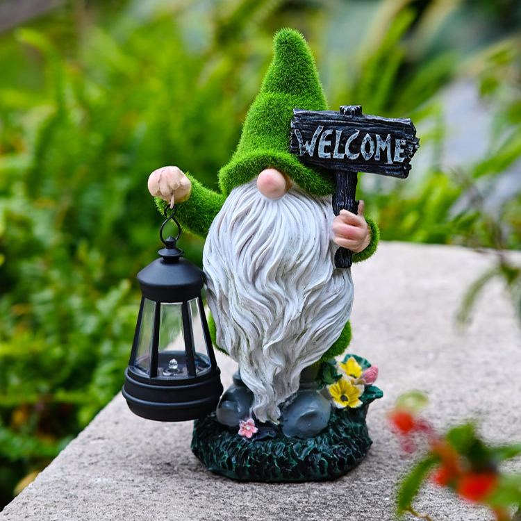 Large Flocked Resin Garden Dwarf Holding a Welcome Sign Statue