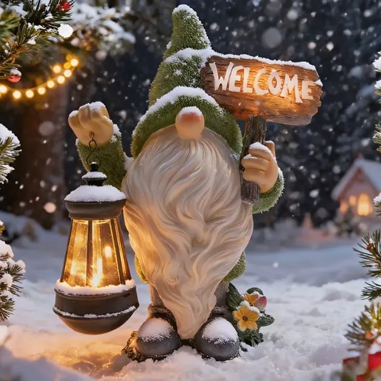 Large Flocked Resin Garden Dwarf Holding a Welcome Sign Statue