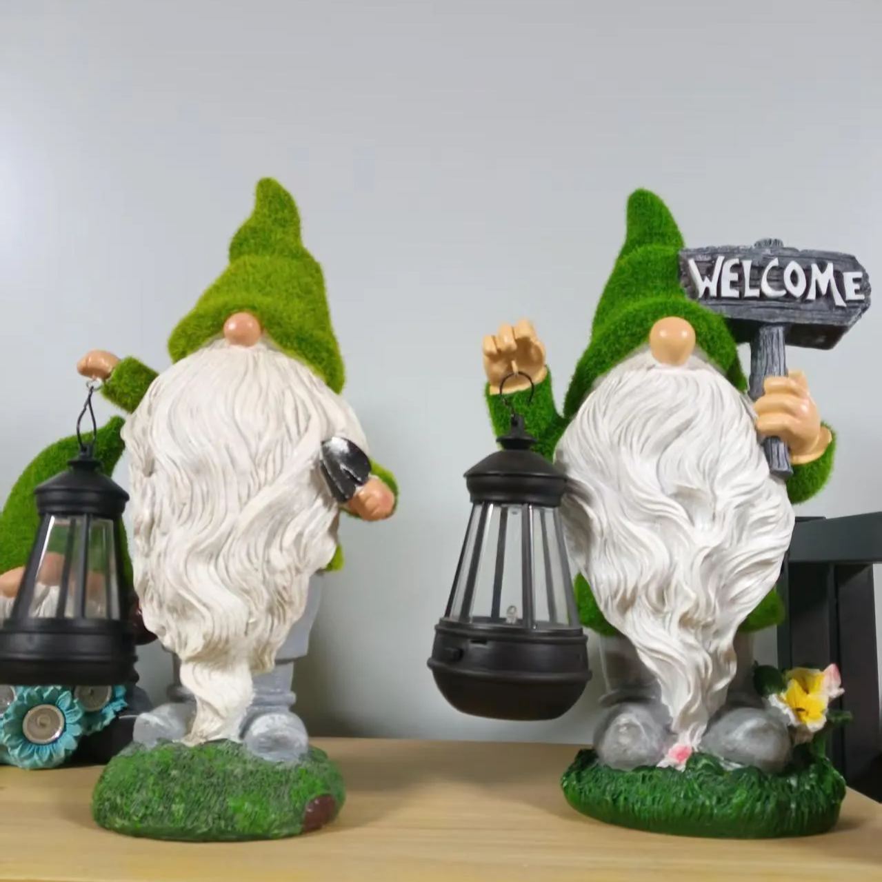 Large Flocked Resin Garden Dwarf Holding a Welcome Sign Statue