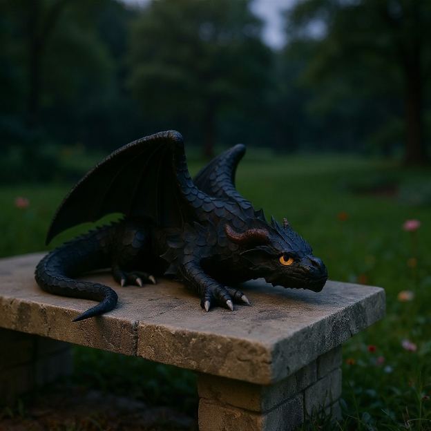 Dragon Statue - Black Fantasy Garden Decor with Glowing eyes