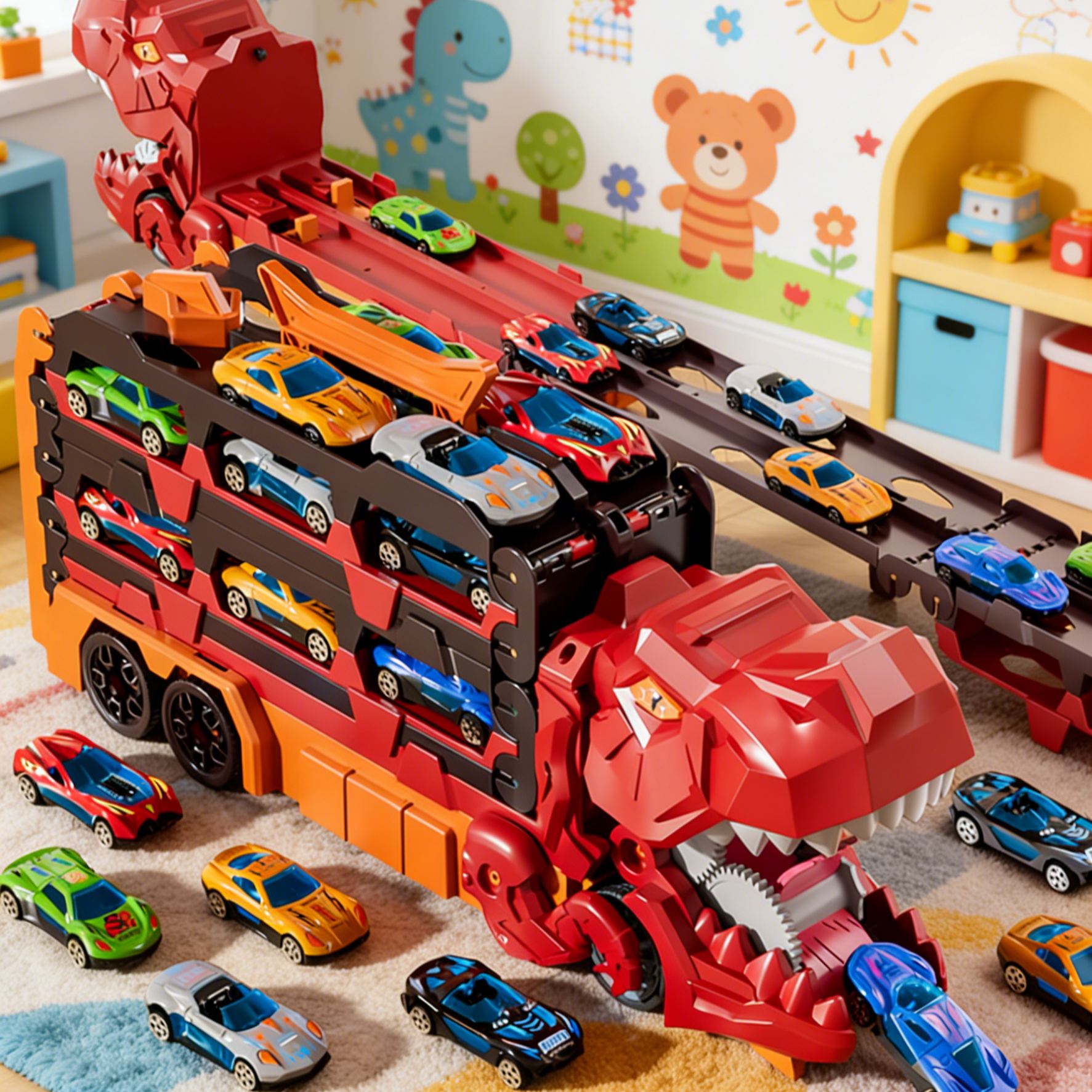 Dinosaurs swallowing toy cars