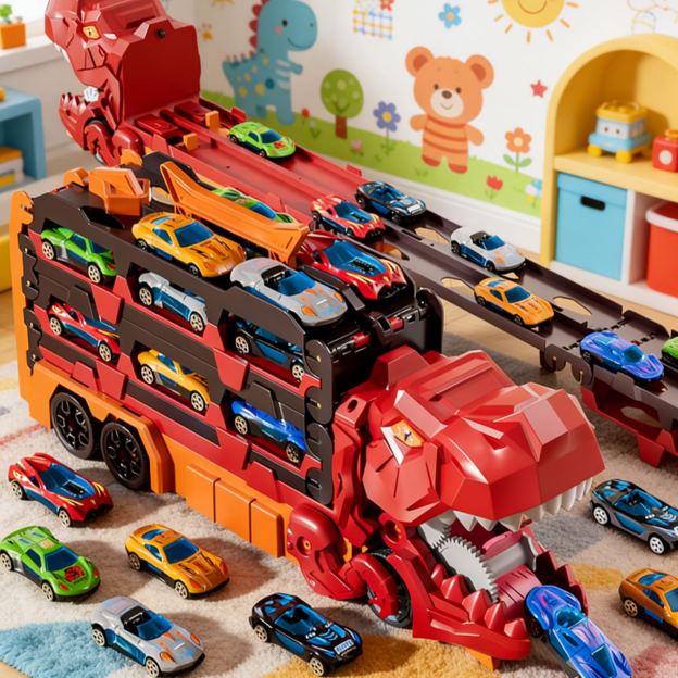 Dinosaurs swallowing toy cars
