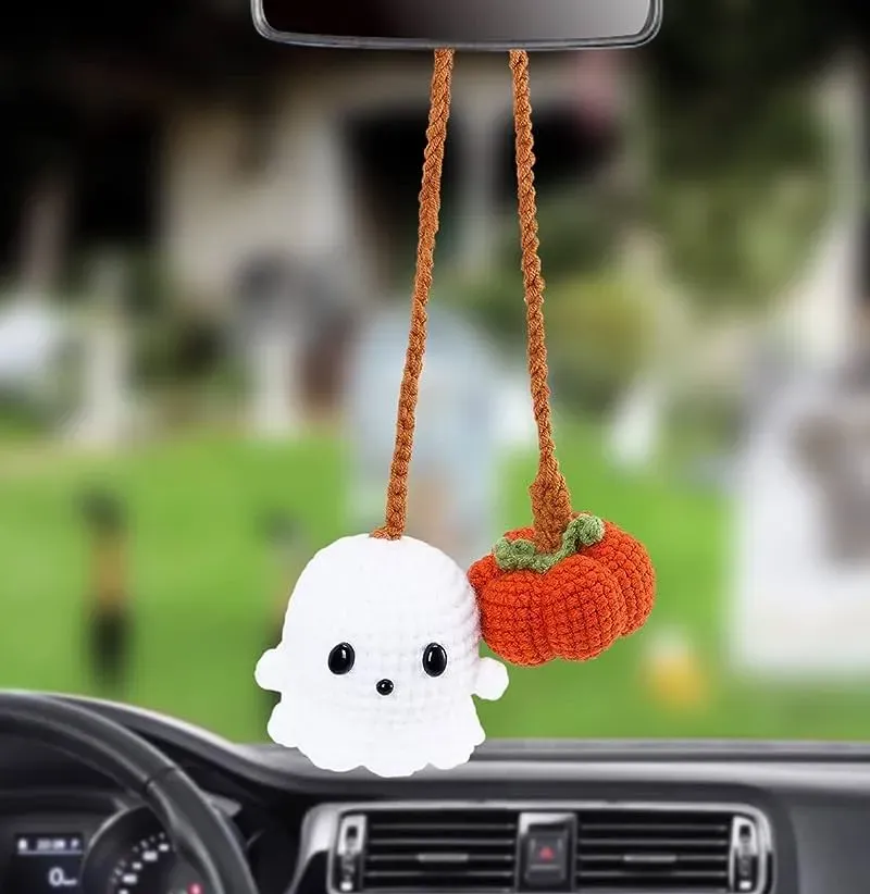 Amazon.com: Halloween Car Ornament Crochet Pumpkin and Ghost Car Pendant  for Car Mirror Upholstery Accessories, Hand Knitted Mirror Charm (1) :  Automotive