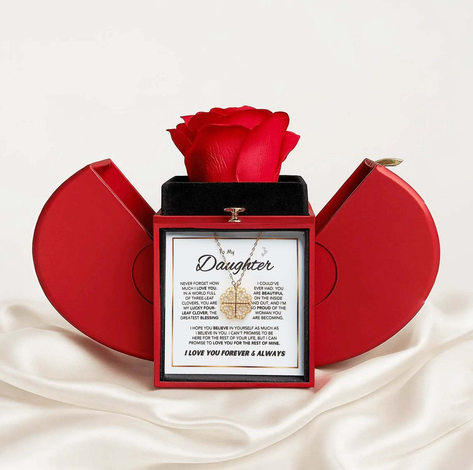 Daughter’s Lucky Clover Necklace & Forever Rose Keepsake Gift Set