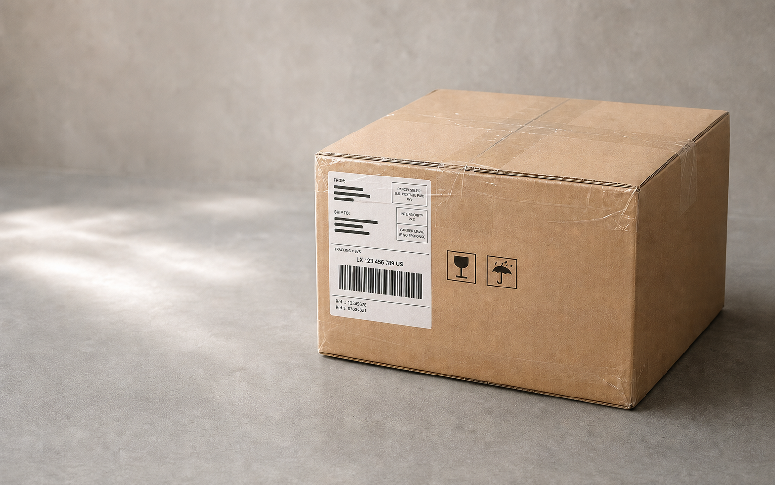 Plain kraft shipping carton with a neutral white shipping label