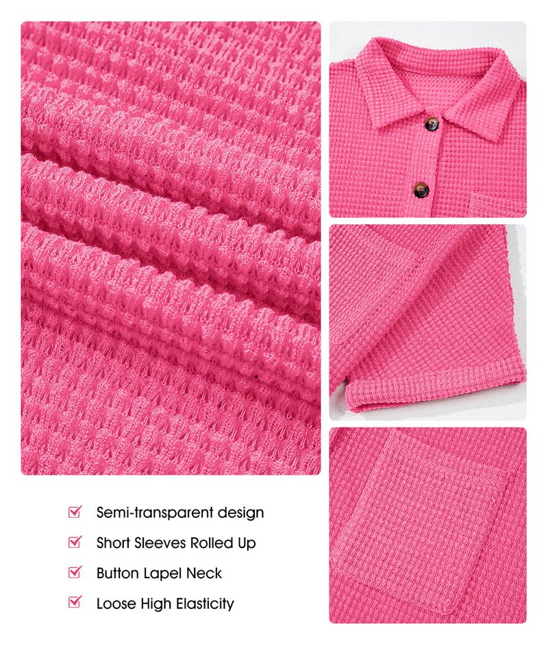 Product Introduction of EVALESS Women's Waffle Knitwear Henley T Shirts Short Sleeve V Neck Solid Color Casual Comfort Tunic Blouse Tops 2025 Trendy Womenswear Summer Outfits 5