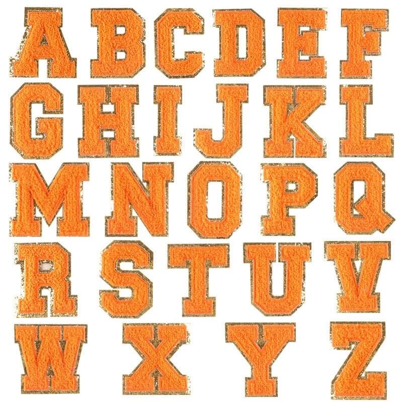 Orange Chenille Iron On Letters with Golden Border