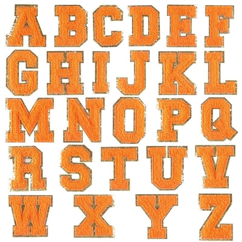 Orange Chenille Iron On Letters with Golden Border