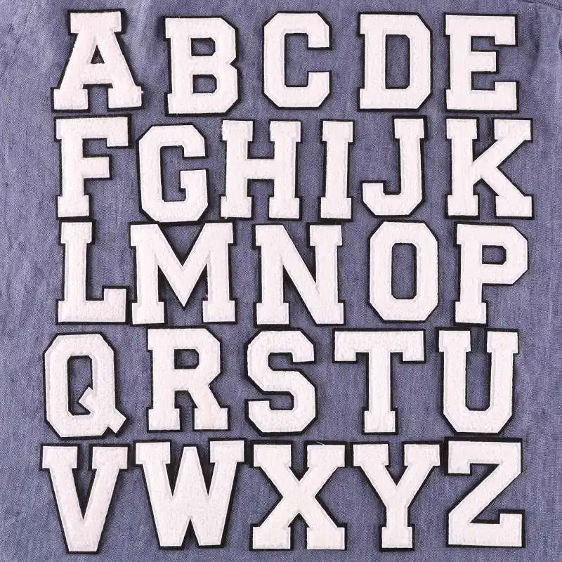 White Chenille Iron On Letters with Black Border