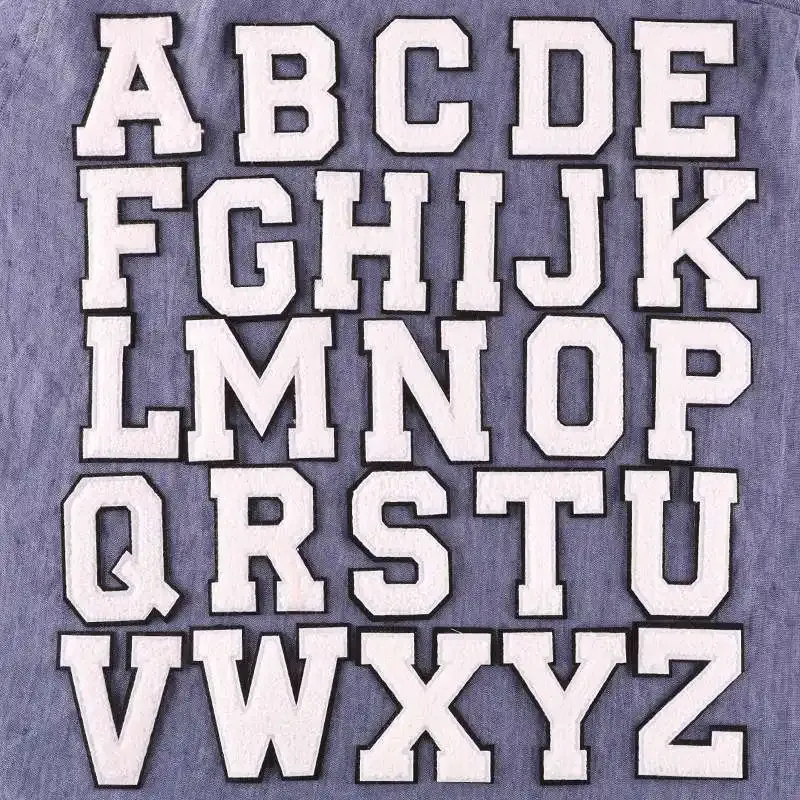 White Chenille Iron On Letters with Black Border