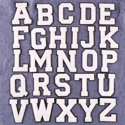 White Chenille Iron On Letters with Black Border