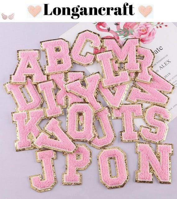 Pink Chenille Iron on letters with Gold Border