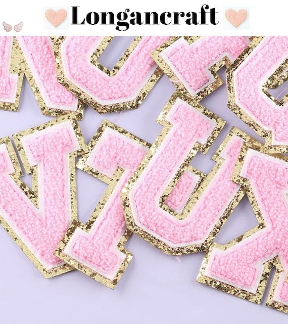 Pink Letter Chenille Patches with Gold Border