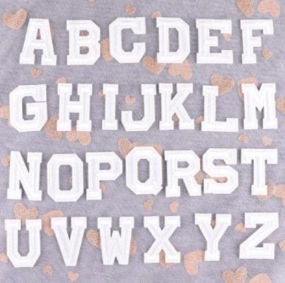 White Chenille Iron On Letters.