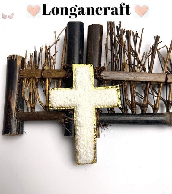 white Cross Chenille Patch with Gold Glitter