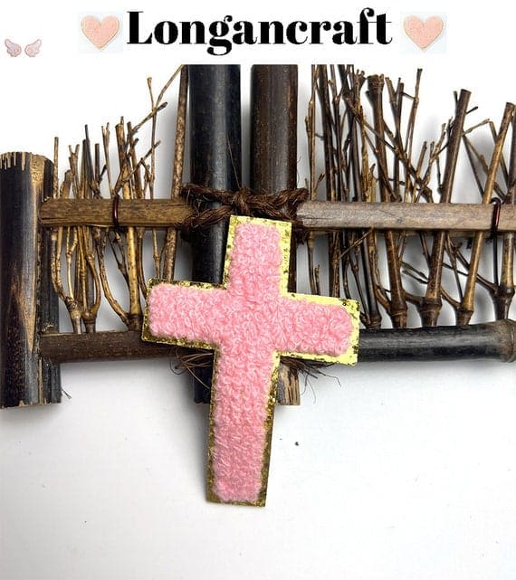 pink Cross Chenille Patch with Gold Glitter
