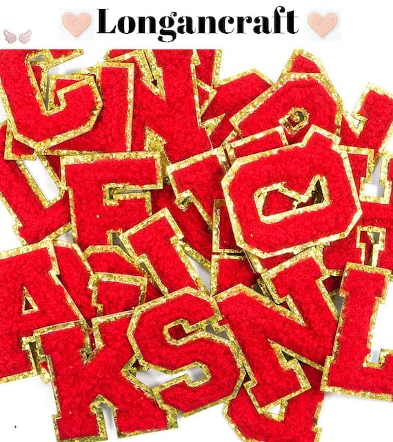 Red Chenille Iron On Letters with Golden Border