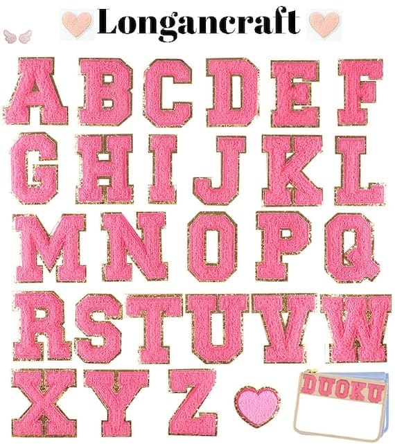 A group of rose red letter chenille patches