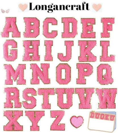 A group of rose red letter chenille patches