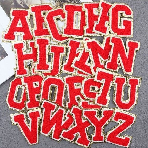 Red Chenille Iron On Letters with White & Gold Border