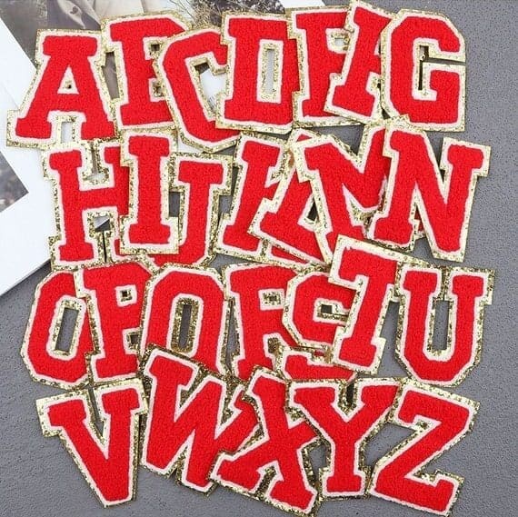 Red Chenille Iron On Letters with White & Gold Border