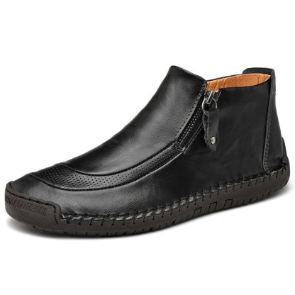 Men Leather Hand Stitching Side Zipper Comfy Soft Ankle Boots-burnzay