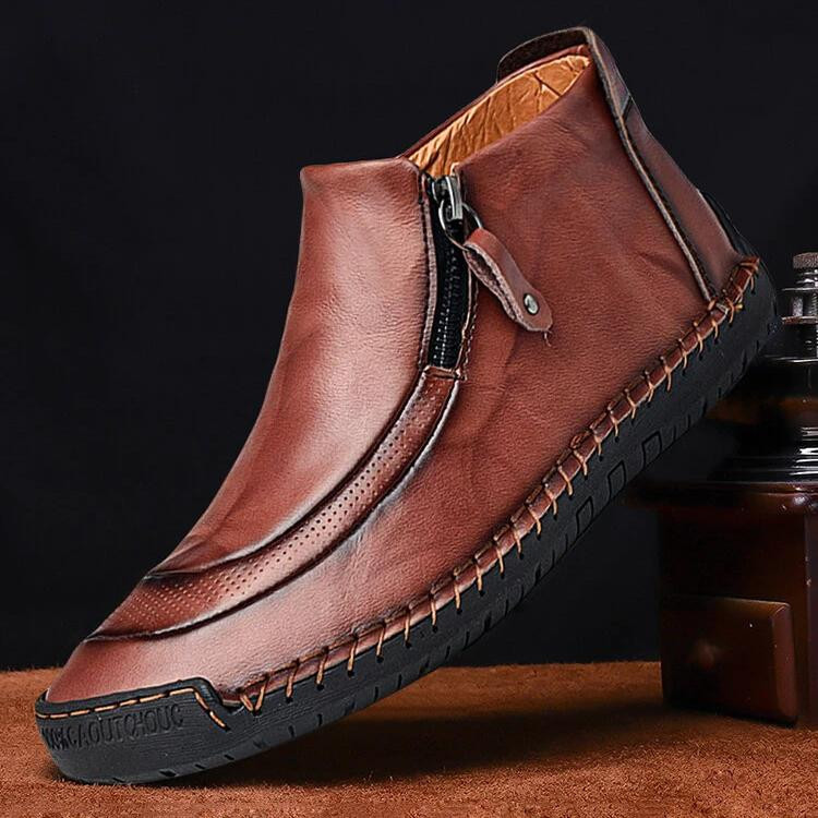 Men Leather Hand Stitching Side Zipper Comfy Soft Ankle Boots-burnzay