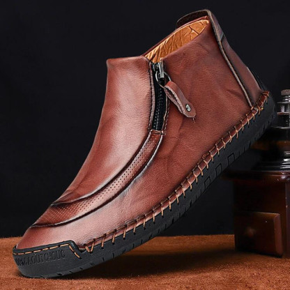 Men Leather Hand Stitching Side Zipper Comfy Soft Ankle Boots-burnzay
