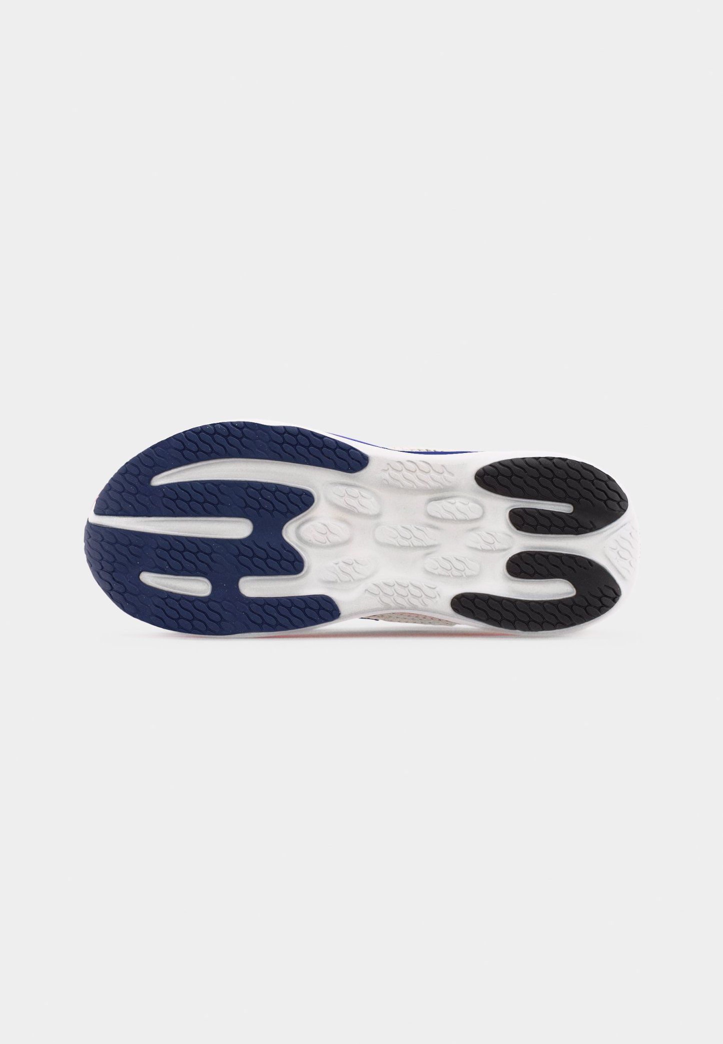 Suela de zapato deportivo con patrones de caucho en azul, negro y blanco sobre un fondo blanco.