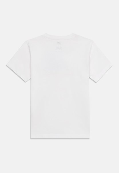 Camiseta blanca lisa de manga corta vista desde atrás, con escote redondo y un diseño sencillo y limpio.