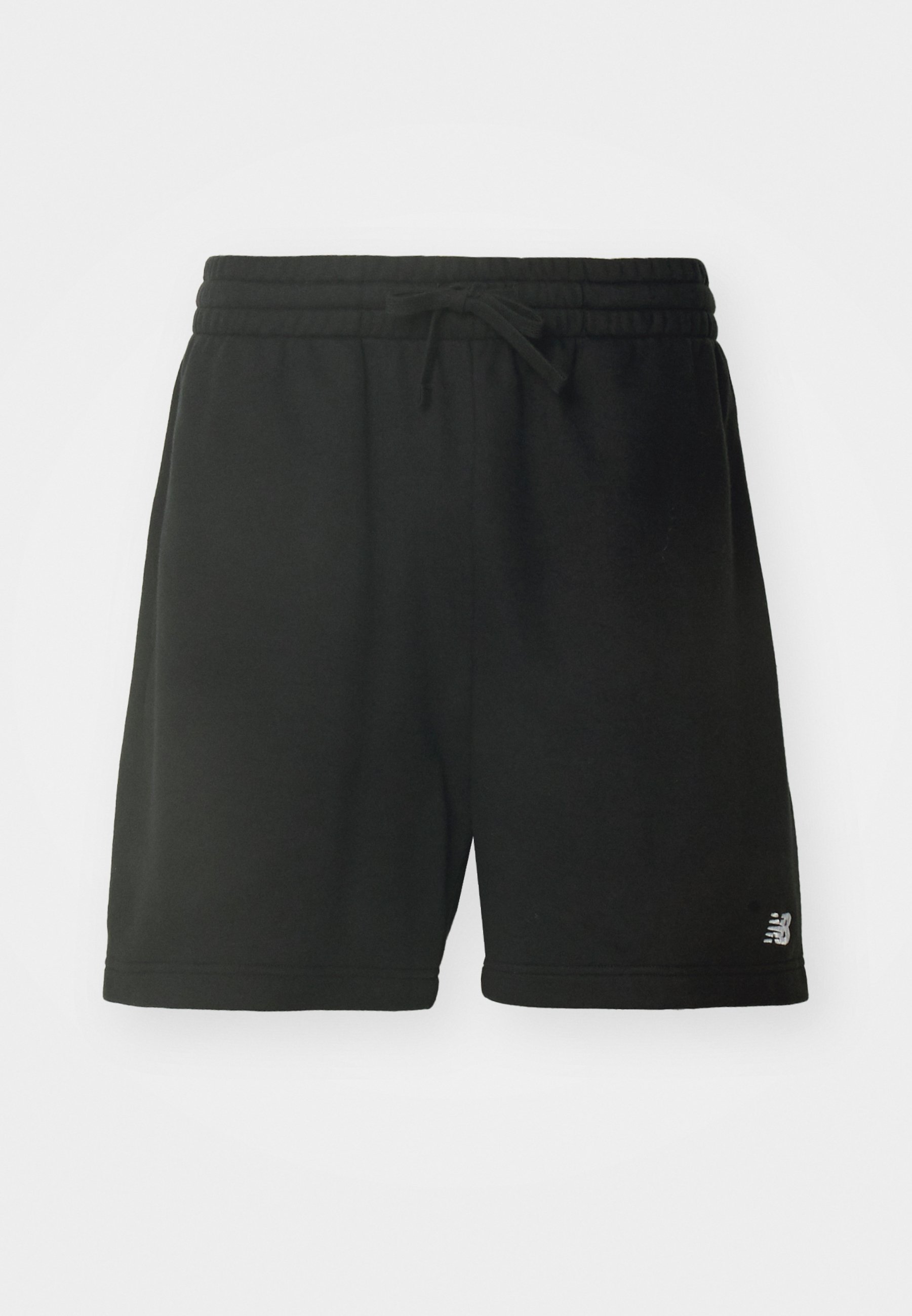 Pantalones cortos deportivos de algodón negro con una cintura elástica, cordón ajustable y detalle del logo en la parte inferior de la pierna izquierda. Textura suave.