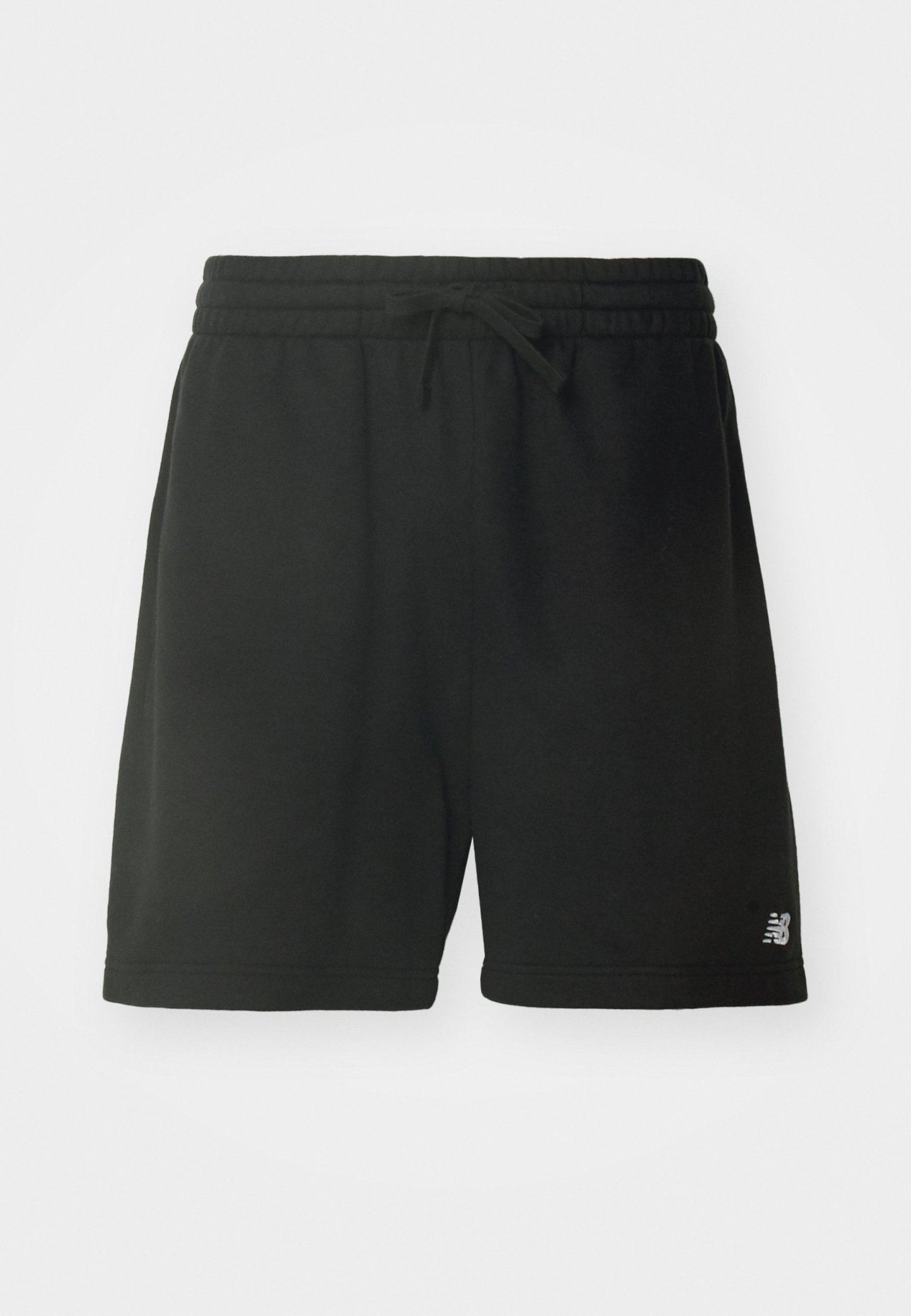 Pantalones cortos deportivos de algodón negro con una cintura elástica, cordón ajustable y detalle del logo en la parte inferior de la pierna izquierda. Textura suave.