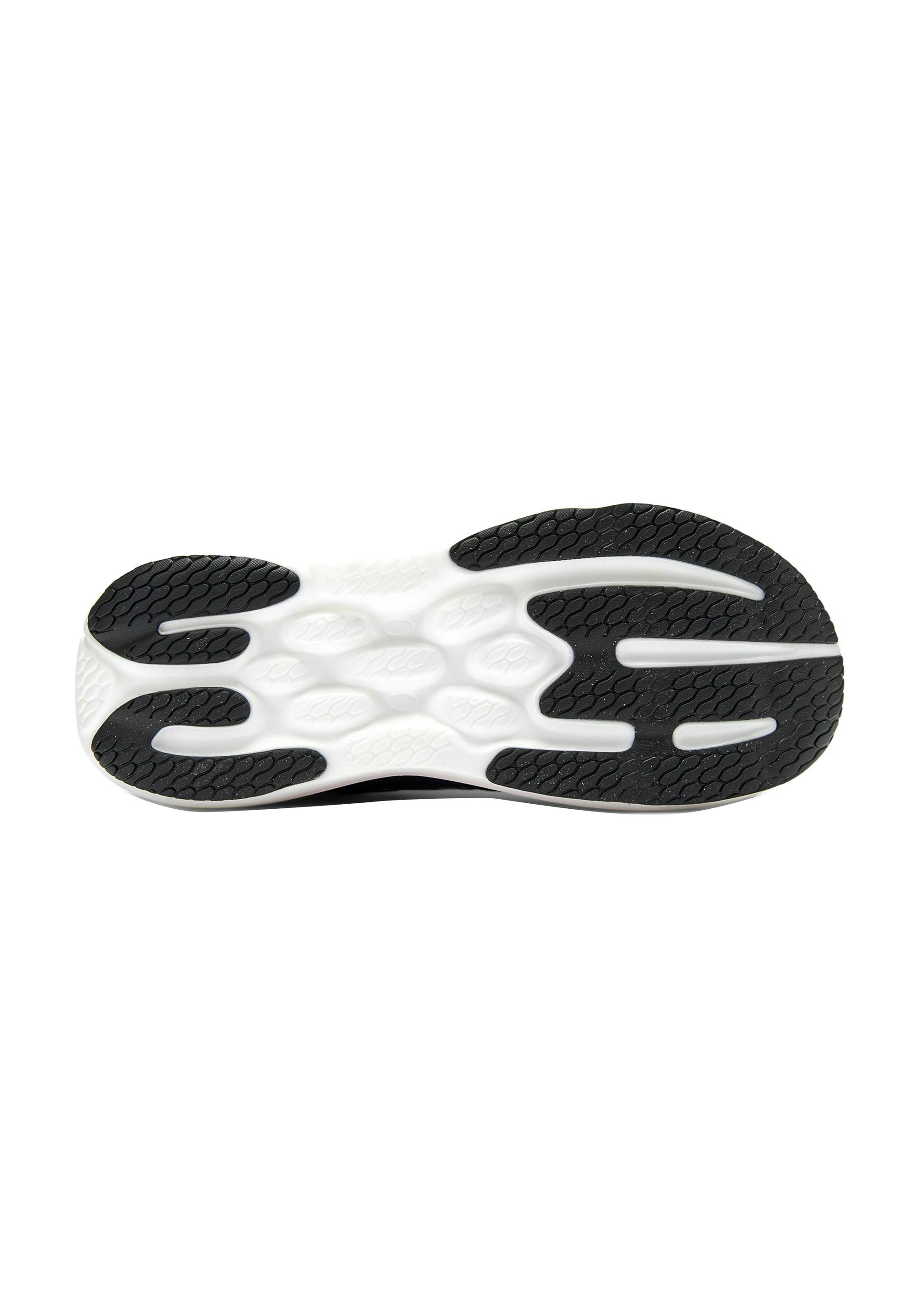 Suela de zapatilla en blanco y negro con un patrón ondulado y texturizado de goma negra y áreas acolchadas blancas, con bordes redondeados y ranuras flexibles.